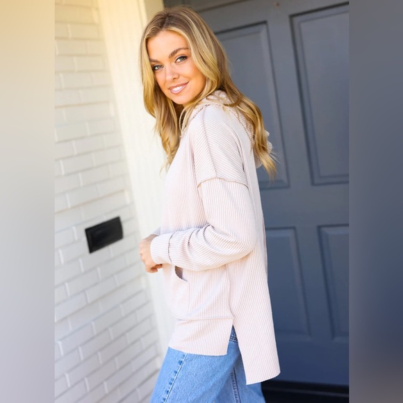 Reg. & Plus Size Casual Ivory Mineral Washed Ribbed Knit Lightweight Hoodie - Picture 6 of 14